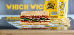 Which Wich Pepperoni Pizzawich Sandwich with chips and a drink