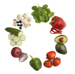 images of vegetables such as tomatos, avocados, red and green peppers, spinach, mushrooms, cucumbers, and red onion